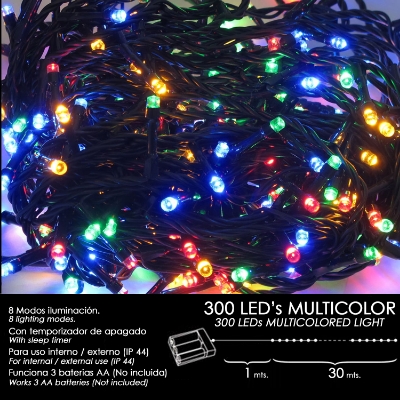 Imagen de Luces Navidad A Pilas 300 Leds Multicolor Interior / Exterior (IP44)